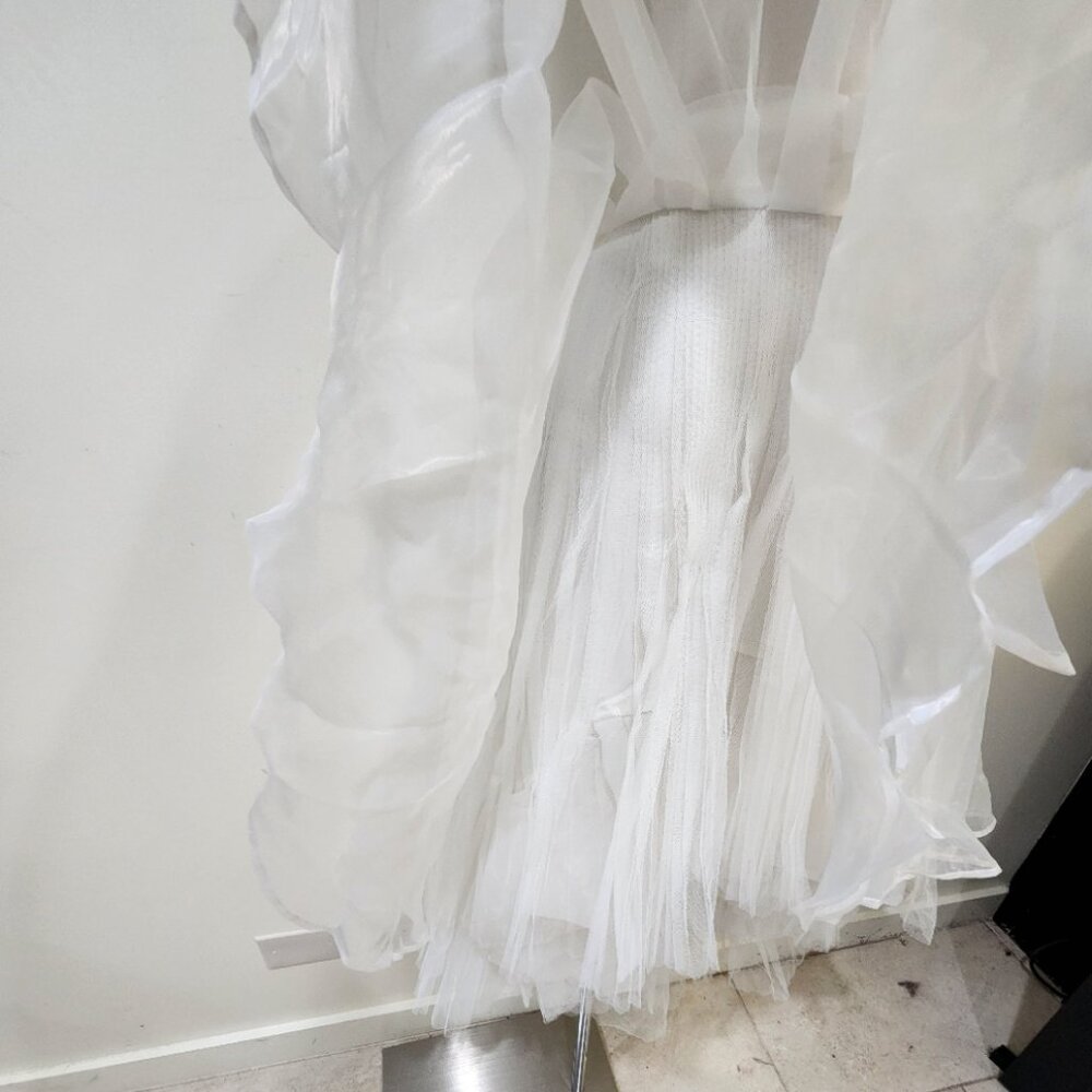 💋BOMBSHELL!💋 GRACIA WHITE HIGH-LOW LAYERED RUFFLED PLEATED TULLE & MESH SKIRT - Picture 15 of 16